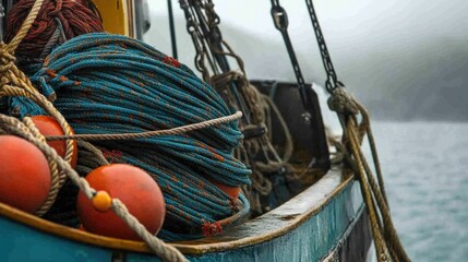 A colorful fishing net stacked on a boat, with ropes and buoys visible.