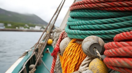 A colorful fishing net stacked on a boat, with ropes and buoys visible.