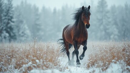 Wall Mural - A brown horse running through a snow covered field