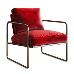 A contemporary accent chair with a metal frame and a velvet seat cushion displayed on a transparent background, high-resolution 3D render, modern style, people 