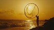 © Pannee - A fisherman casting a large circular net into the ocean under a golden sunset.
