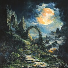 Wall Mural - Mystical Moonlight: A Journey Through Ancient Ruins