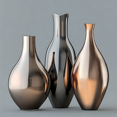 A set of three decorative vases in assorted shapes and metallic finishes displayed on a transparent background, high-resolution 3D render, contemporary style, 