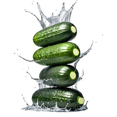 A stack of cucumbers, consisting of one cucumber with two others placed on top, is displayed on a white background.