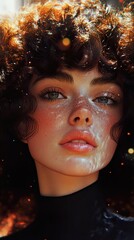 Wall Mural - Close-up portrait of a young woman with freckles and curly hair