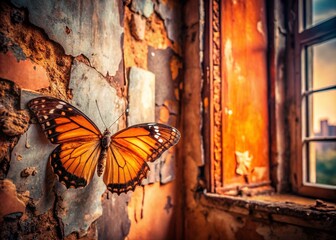 Wall Mural - Orange Butterfly on Pink, Urban Exploration Photography Stock Photo