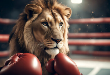 Wall Mural - athletic lion gloves boxing tiger predator animal sport ring competition indoor formidable aggressiv