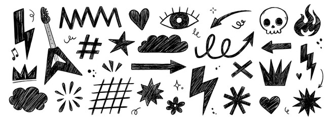 Aufkleber - Hand drawn rock punk music star grunge heart doodle icon element set. Crayon brush stroke hand drawn line sketch style doodle rock punk star, heart shape. Crayon scribble music vector illustration