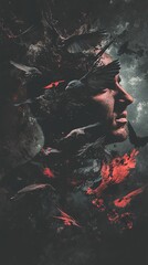 Wall Mural - Surreal Portrait: Dark Birds and Human Mind