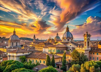 Wall Mural - Panoramic Evening View of Rome with Cirrus Clouds