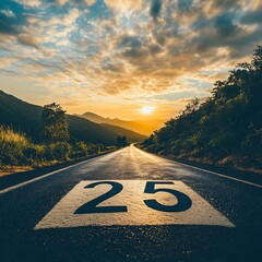 Asphalt road with number 25 and sunset sky background, business and transportation concept