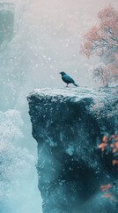 Canvas Print - Solitary Raven on a Clifftop in Winter Mist