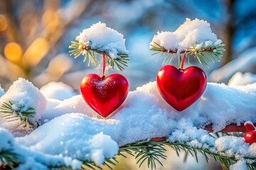 Wall Mural - Panoramic Romantic Winter Scene: Two Red Wooden Hearts Adorn Snowy Branches