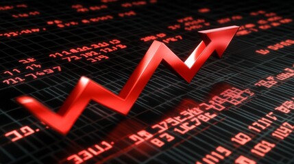 Fototapete - A red upward arrow over a digital stock market display, indicating rising trends and positive financial performance.