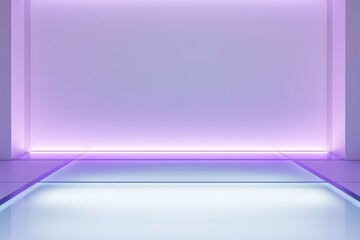Lavender-spotlit colonial minimalist interior, blank wall, frosted glass floor, glowing edge highlights, clean design.