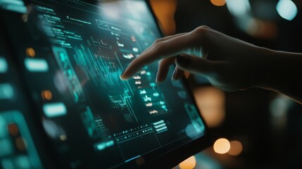 Leinwandbilder - A hand interacts with a futuristic touchscreen displaying data and graphs in a dimly lit environment, showcasing advanced technology.