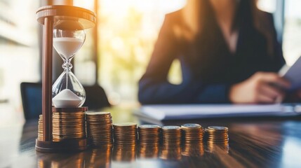 Poster - A close-up view of an hourglass beside a stack of coins, symbolizing the relationship between time and money in a business context.