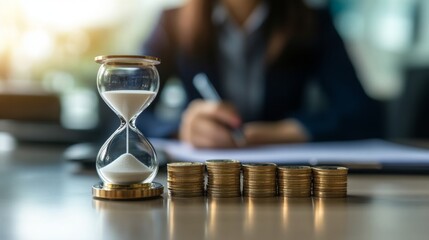 Poster - A close-up of an hourglass next to a stack of coins, with someone writing in the background, symbolizing time management and financial planning.