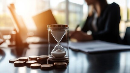 Poster - A close-up of an hourglass next to coins, with a blurred figure working in the background, symbolizing time management and financial planning.