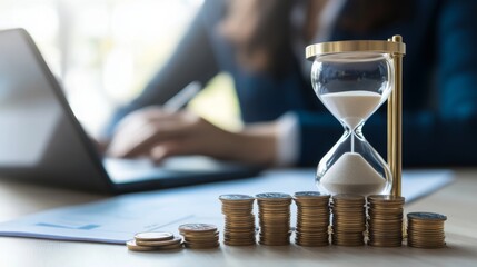 Poster - A business professional analyzes financial data with an hourglass and stacked coins, symbolizing time management and investment.