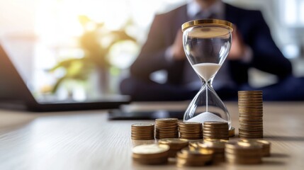 Poster - A businessman sits behind a laptop, surrounded by coins and an hourglass, symbolizing time management and financial growth.