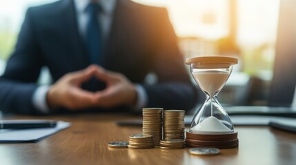Leinwandbilder - A businessperson contemplates financial decisions, with an hourglass and coins symbolizing time and wealth management.