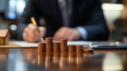 Poster - A businessman writes while stacked coins symbolize financial growth and investment in a professional setting.