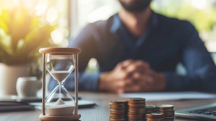 Poster - A businessman sits at a desk with an hourglass and coins, symbolizing time management and financial planning.