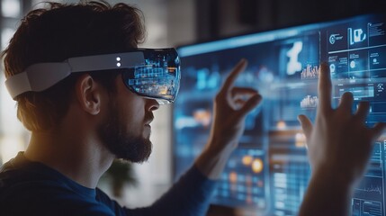 Man using VR headset interacts with digital interface on large monitor.