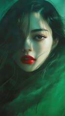 Wall Mural - Enigmatic Woman: A Study in Green and Red