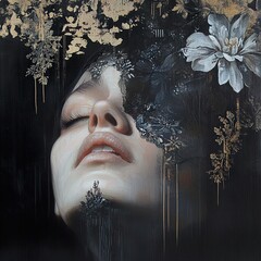 Wall Mural - Surreal Woman Portrait: Dark Beauty and Dreamy Flowers