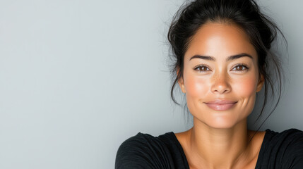 Wall Mural - graceful Asian woman smiling warmly against light gray background