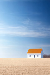 Wall Mural - Bright white house with orange roof on open field under clear blue sky