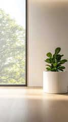 Wall Mural - Modern interior space with natural light and a green plant in a white pot