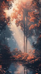 Wall Mural - Autumn Forest Pond: Sunlit Trees and Misty Reflections