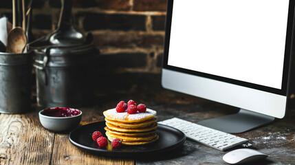 Wall Mural - A mockup of a modern computer monitor in a stained glass Russian room. Maslenitsa. There is a computer monitor on a wooden table, and next to it is a plate of pancakes and a bowl of raspberry jam