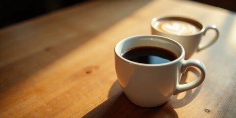 Two cups of coffee in sunlight on a wooden table, one black coffee and one latte art coffee