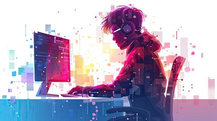 A Programmer, with cyber security network, mute, soft color bright colors, elegant emotion, isolated on white background, vector style