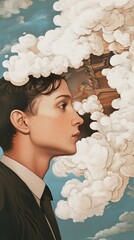 Wall Mural - Pensive Portrait: A Surreal Dream in Clouds