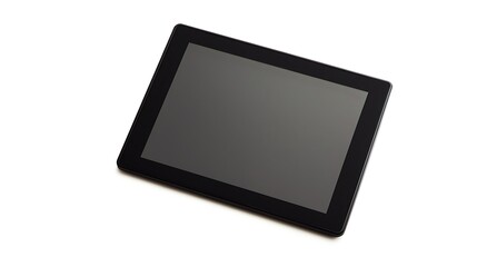 A black tablet with a black screen sits on a white background