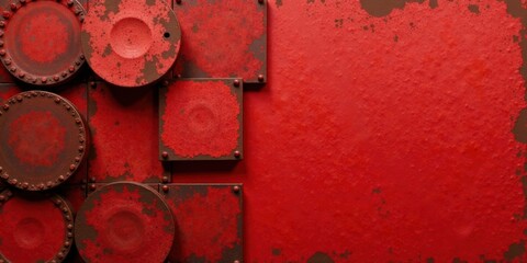 Poster - Red metal plates and circular elements with rusty texture background