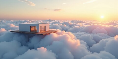 Poster - Serene Minimalist House Above Dreamlike Cloudscape at Sunset