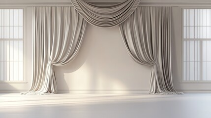 Elegant satin drapery adds a touch of luxury to a 3D-rendered empty room, designed for showcasing fashion or beauty items.