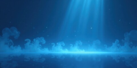Poster - Serene Blue Waterscape Mystical Light Beams Across Calm Ocean Surface with Ethereal Clouds