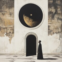 Canvas Print - Surreal cosmic scene: A lone figure contemplates a celestial doorway.