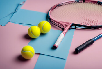 Wall Mural - blue yellow tennis papers pink view racket balls game sport activity competition recreational object background hobby professional sportive 