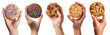 © Sandra Chia - Collection of hand holding large round cookie cookies biscuit, sprinkles, pecan almond nut set on transparent cutout, PNG. Many different flavour. Mockup template for design