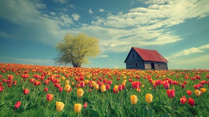 Canvas Print - A field of tulips in full bloom with a rustic barn in the distance, no people, clear copy space