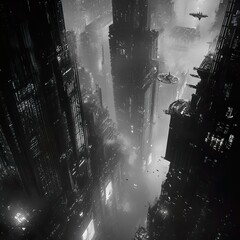 Canvas Print - Monochrome Futuristic Cityscape: A Dark, Foggy Metropolis