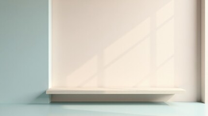 Aufkleber - Minimalist interior design a pale wood shelf against a wall with soft, light beige and blue tones.